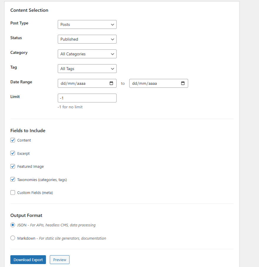Content Exporter - Export Interface