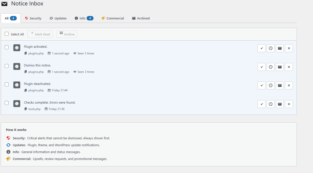 Admin Notice Inbox - Dashboard